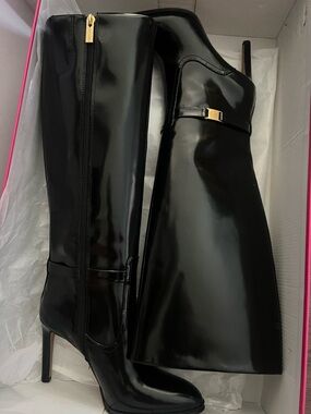 Vince Camuto Black Patent Knee-High Stiletto Boots with Gold Accent